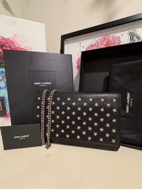 Saint Laurent Black Leather Crossbody with Silver Star Studs**Authetic